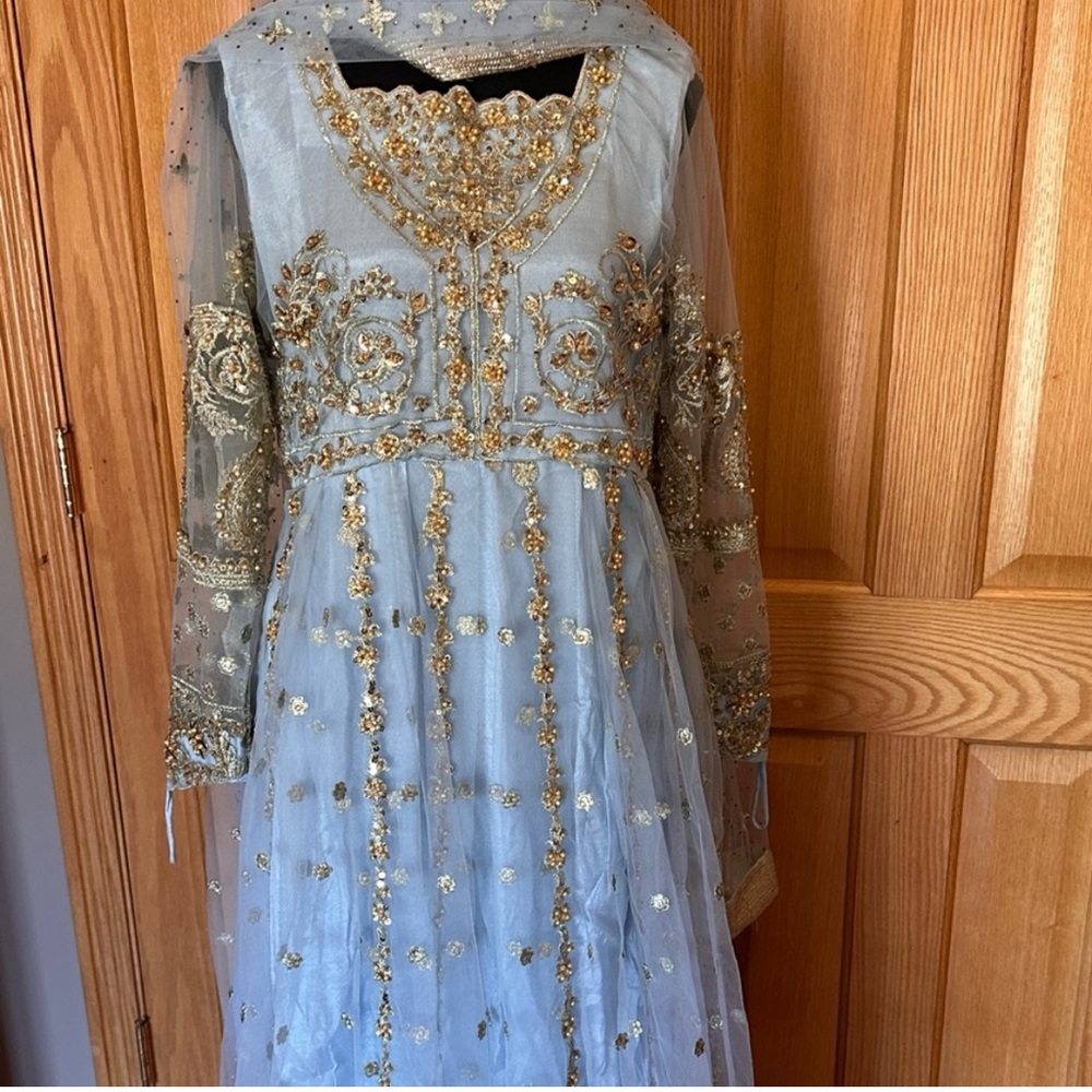 Elegant Embellished Gold and Desi Cinderella blue Gown